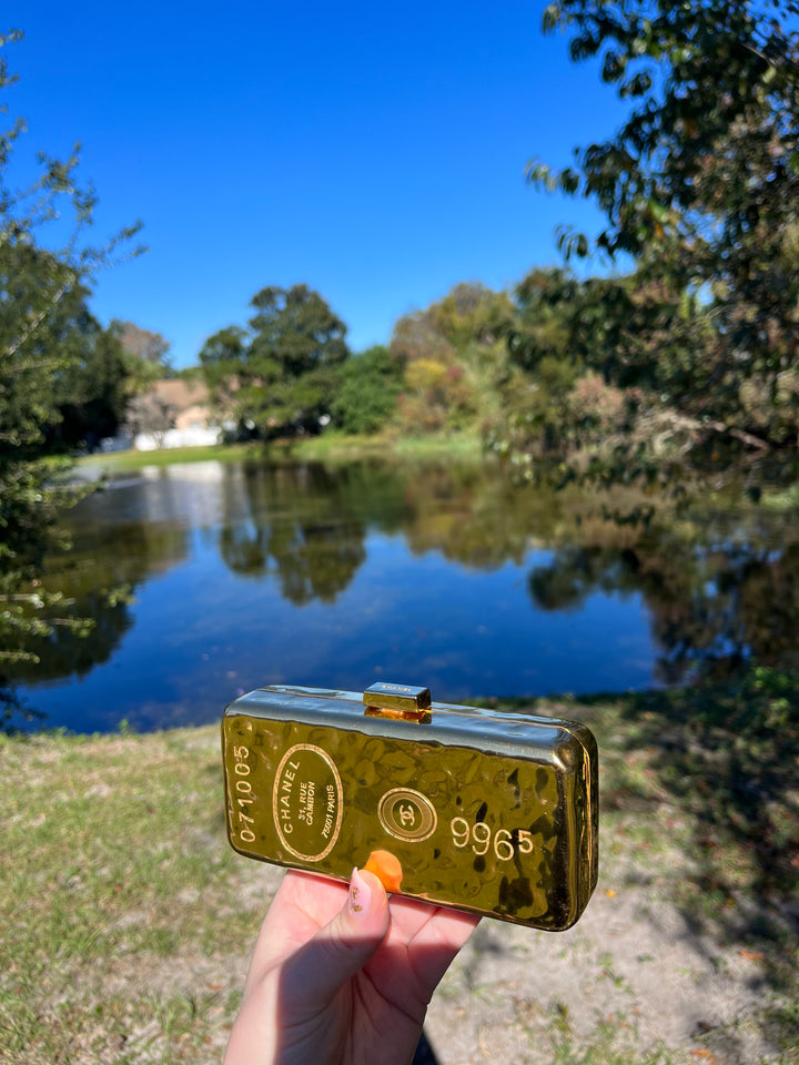 Chanel Hammered Gold Metal Bullion Bar Minaudière Clutch