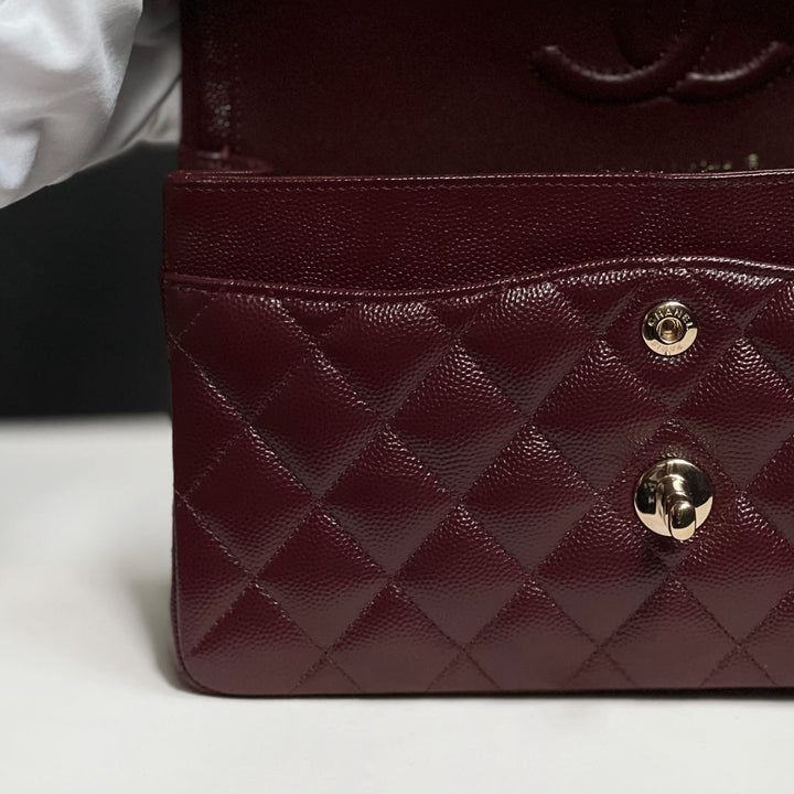 Chanel Small Classic Double Flap Caviar Burgundy Light Gold Hardware 2021