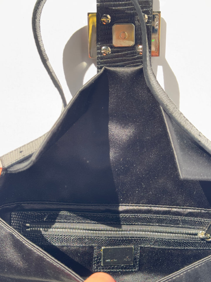 Fendi Black Satin Crystal Baguette With Lizard Trim