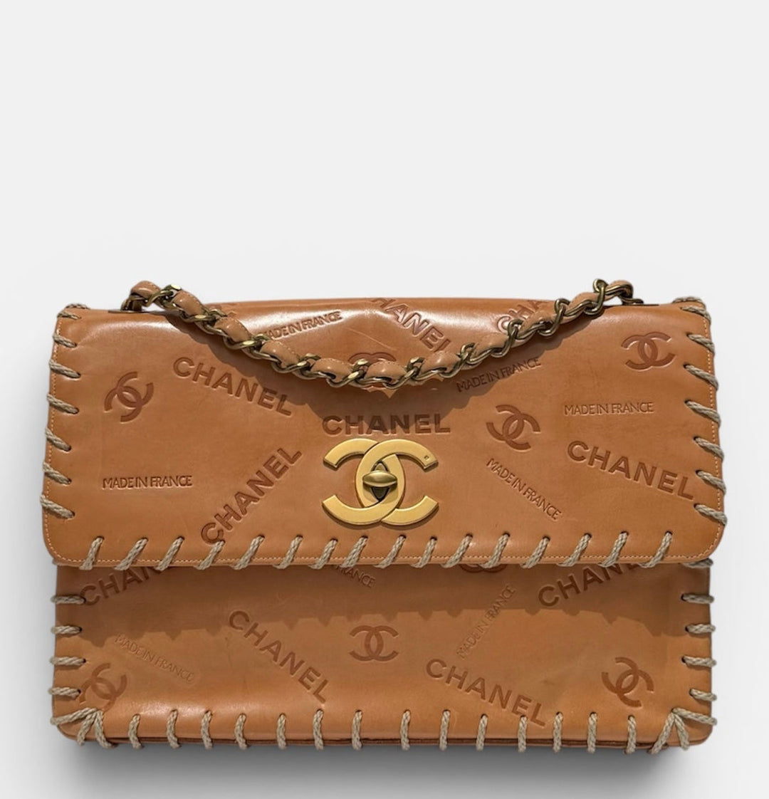 Chanel Jumbo Classic Flap Bag Tan Debossed Logo Calfskin Whipstitched Gold Hardware 1994