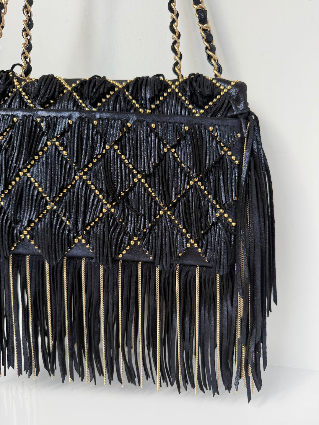 Chanel Paris-Dallas Medium Fringe Flap Bag Black Iridescent Leather Brushed Gold Tone Hardware 2014