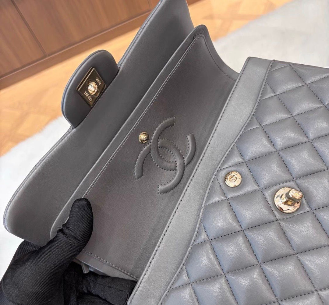 Chanel Small Classic Double Flap Lambskin Grey Gold Hardware 2022