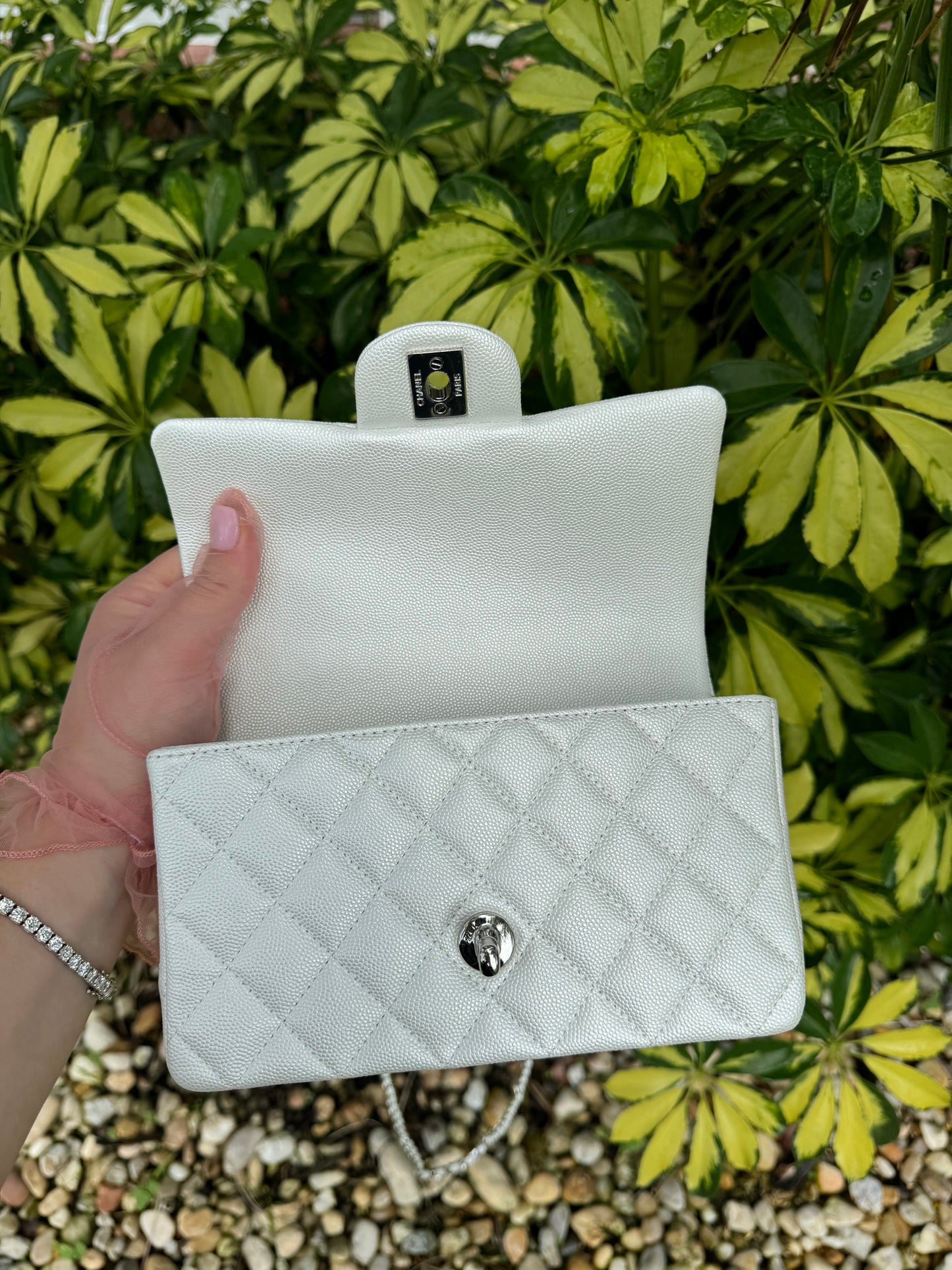 Chanel 21S Mini Iridescent White Caviar Top Handle