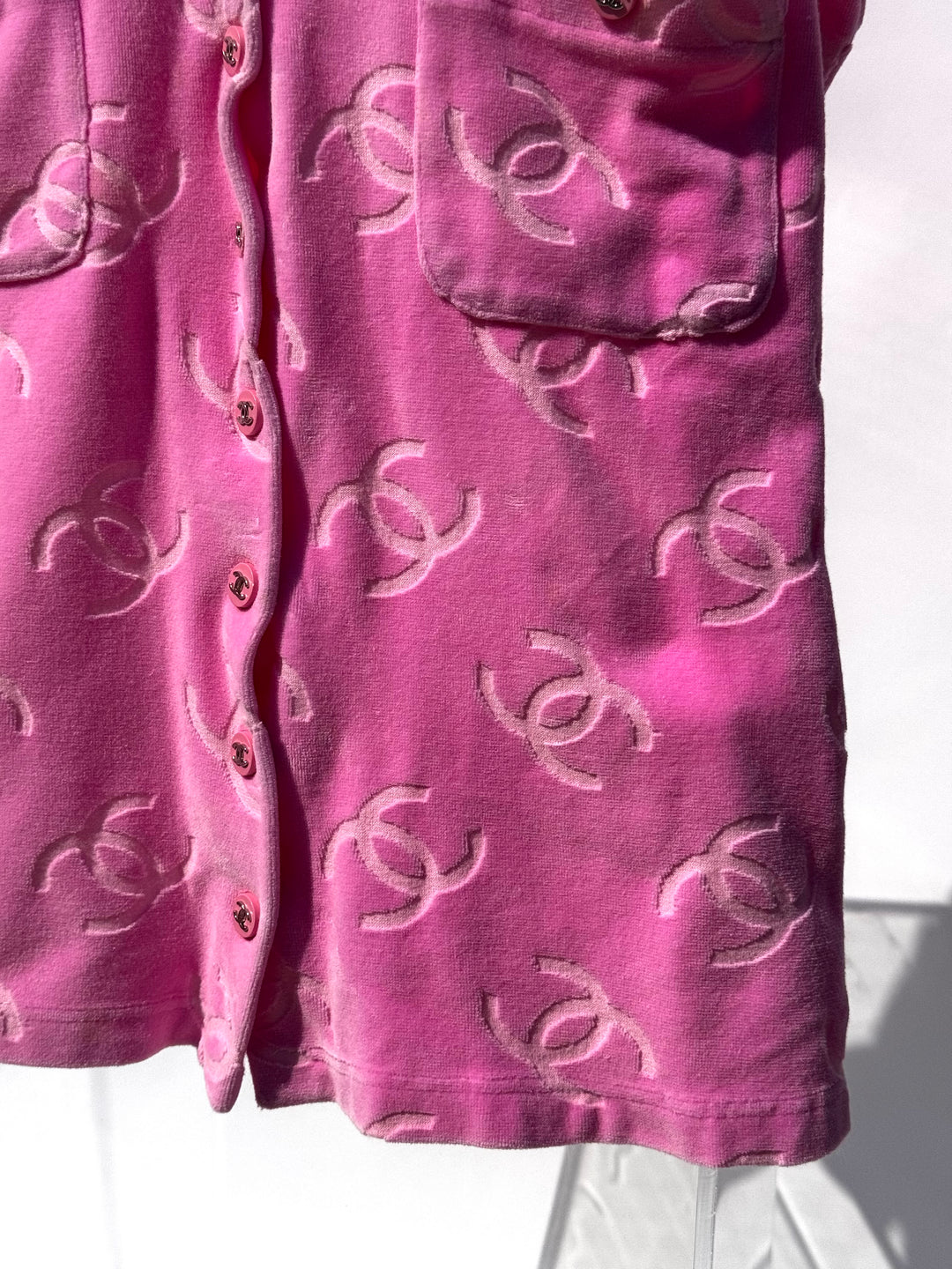 Chanel Spring 1996 Pink Velour CC Button Top X EstherandSasha