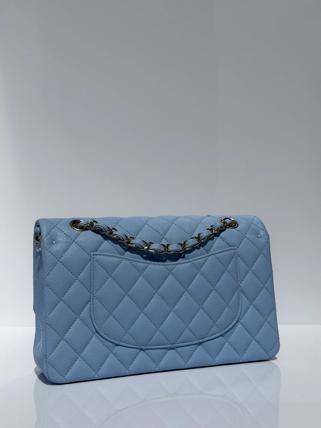 Chanel Medium Classic Double Flap Caviar Light Blue Light Gold Hardware 2023