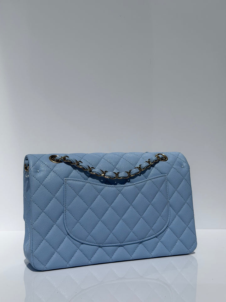 Chanel Medium Classic Double Flap Caviar Light Blue Light Gold Hardware 2023