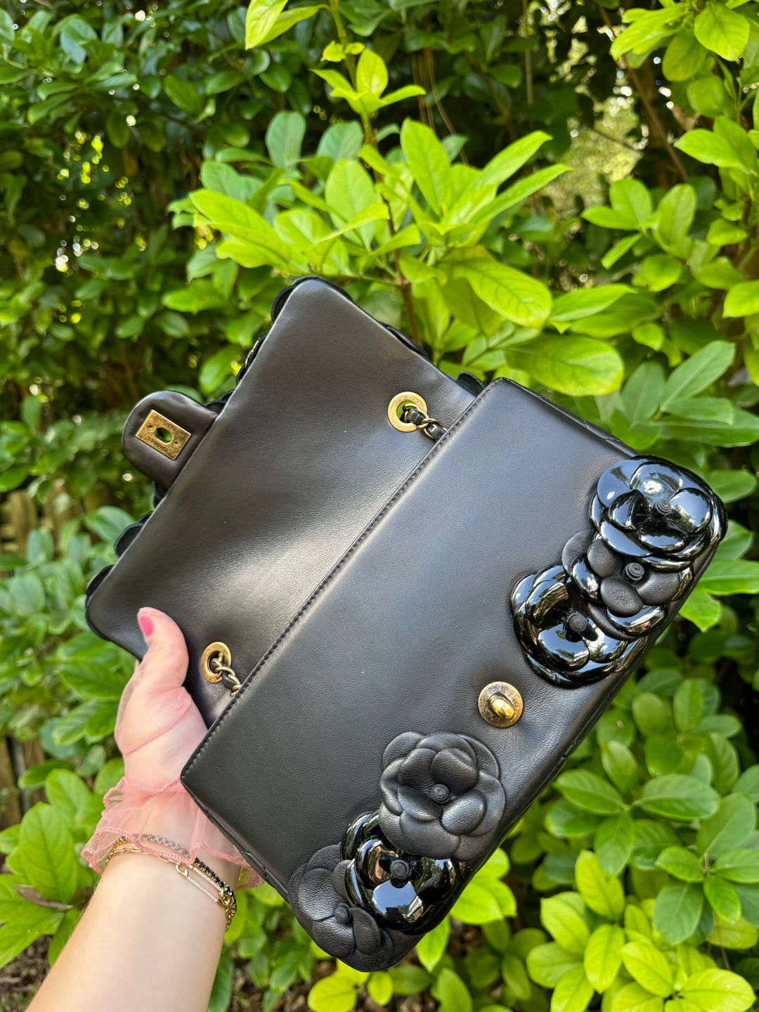 Chanel Black Lambskin Camellia Rose Appliqué Medium Flap Bag