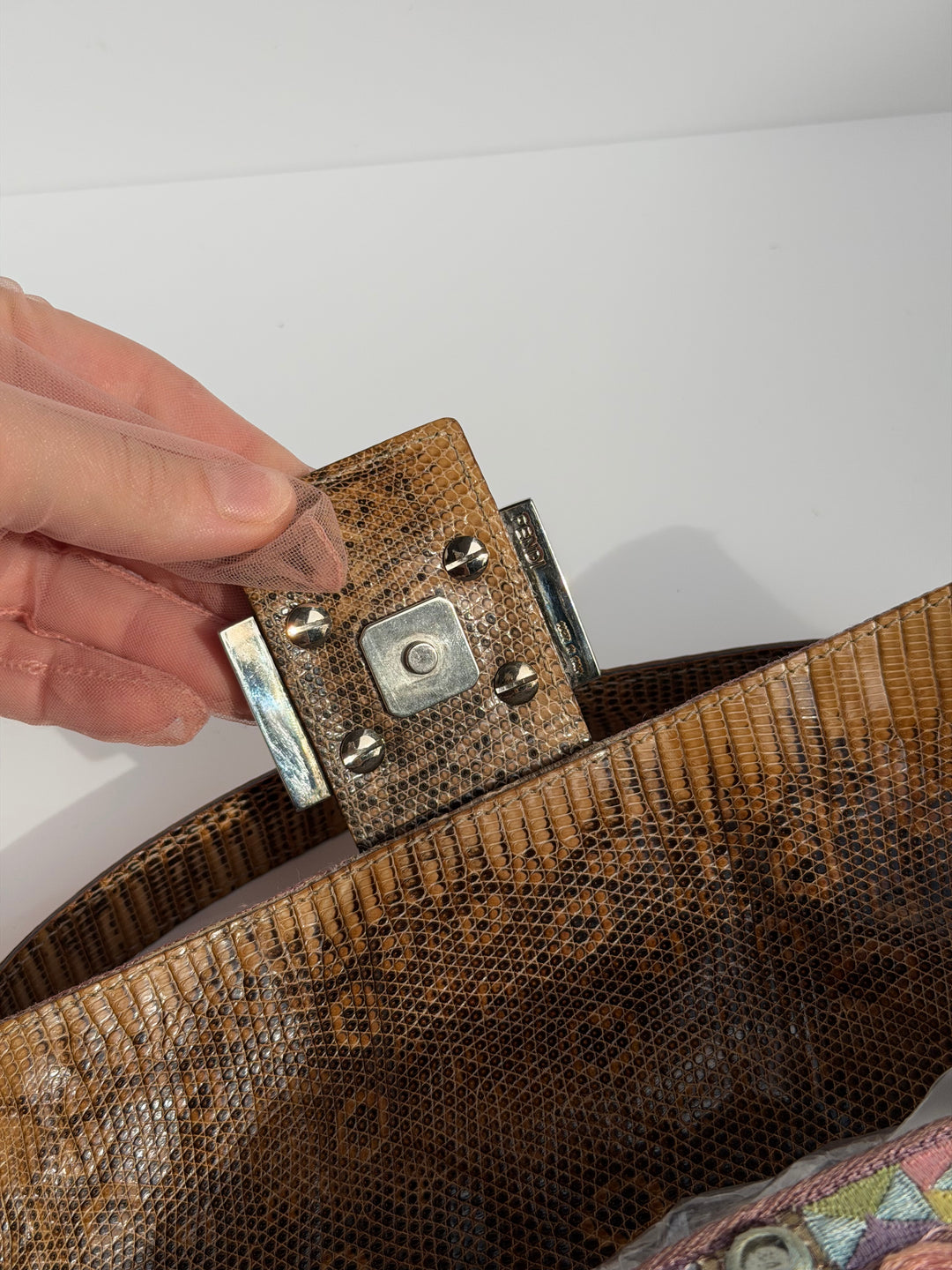 Fendi Baguette Mirror Specchietti Bag Multicolor Silk Embroidery & Beading Lizard Trim 2009