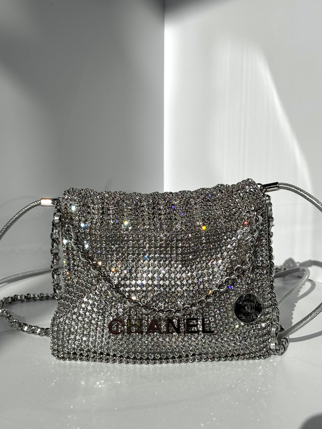 Chanel Mini Chanel 22 Crystal Embellished Metallic Lambskin Silver Silver Hardware