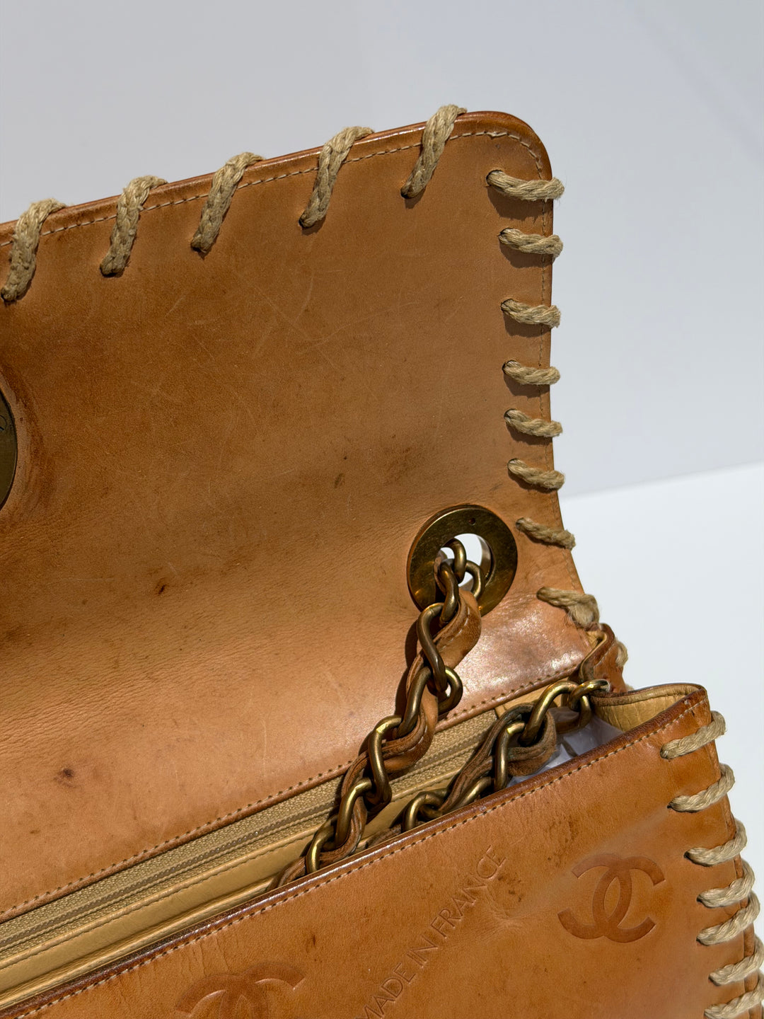 Chanel Half Flap Bag Tan Debossed Logo Calfskin Whipstitched Gold Hardware 1994