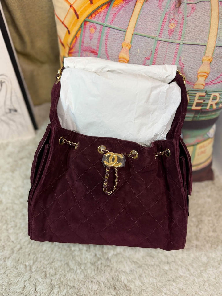 Chanel Small 25 Hobo Bag Suede Leather Burgundy Shiny Gold Hardware 2026