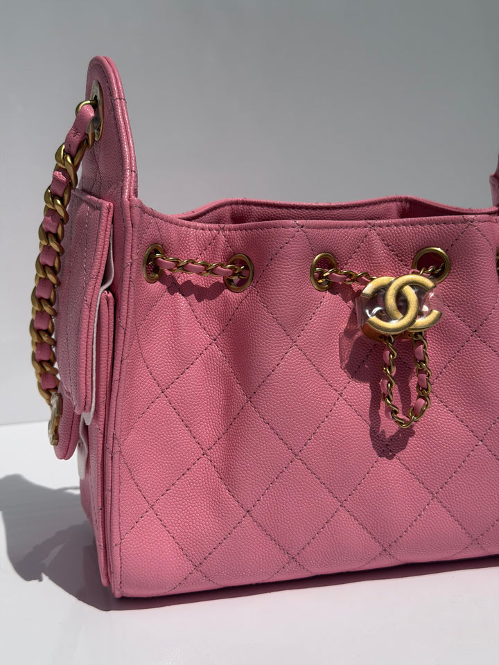 Chanel Mini 25 Hobo Bag Caviar Leather Bubblegum Pink Antique Gold Hardware 2026