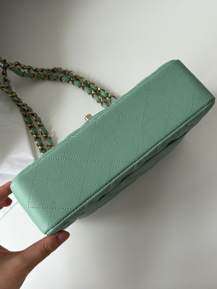 Chanel Small Classic Double Flap Caviar Green Light Gold Hardware 2023