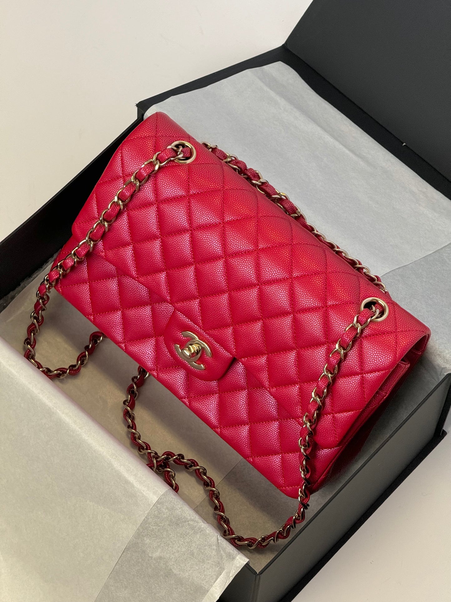 Chanel 21S Red Iridescent Medium Caviar Flap Bag