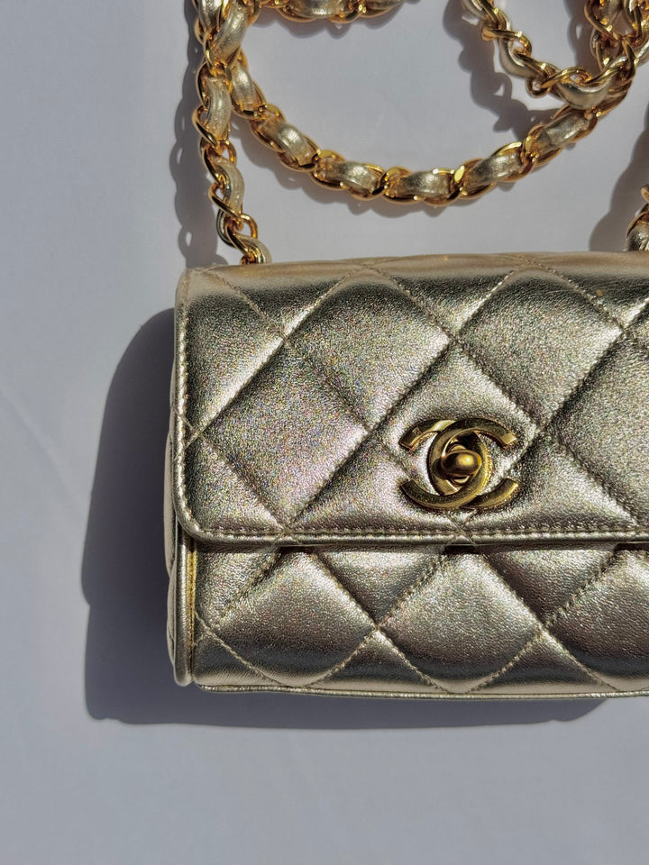 Chanel 1994 Vintage Metallic Gold Extra Mini Flap Bag