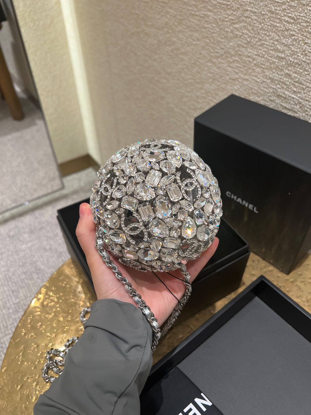 Chanel Sphere Minaudière Clutch Silver Metal & Strass Crystals Silver-Tone Hardware 2025