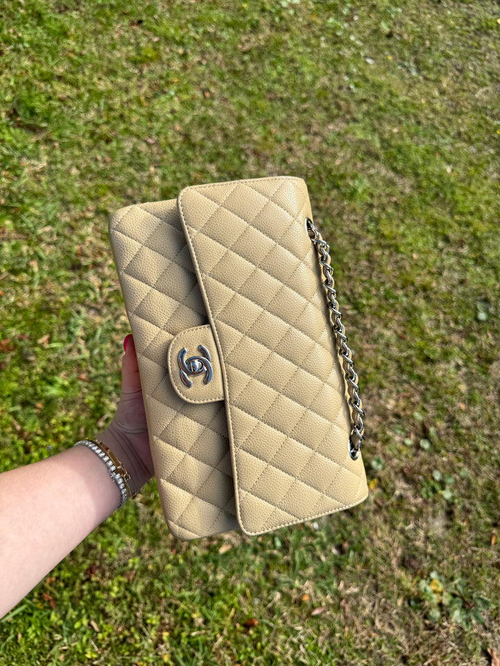Chanel 2003 Beige Medium Caviar Classic Flap