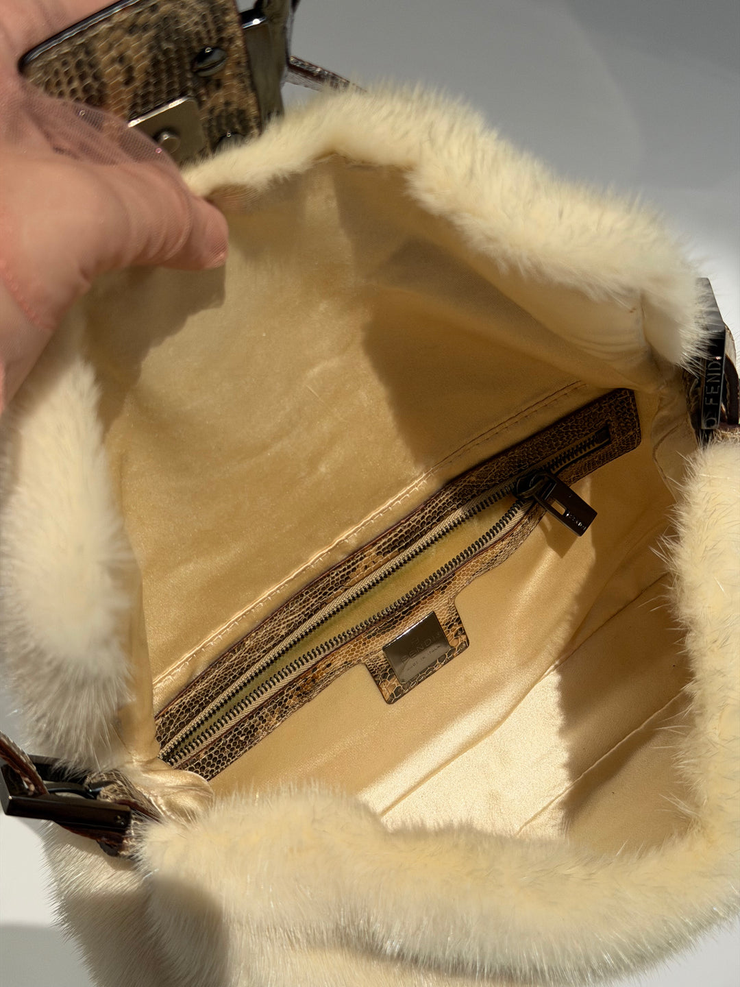 Fendi Crystal Embellished Baguette White Mink Fur Lizard Trim Gold Tone Hardware