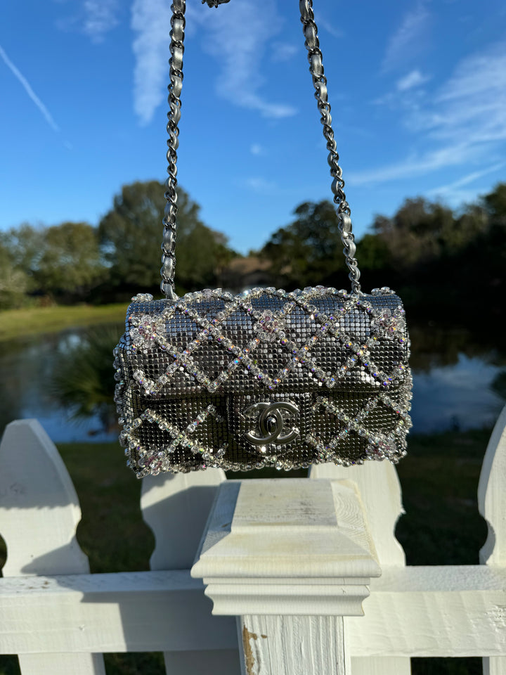 Chanel Silver Crystal Embellished Mini Flap
