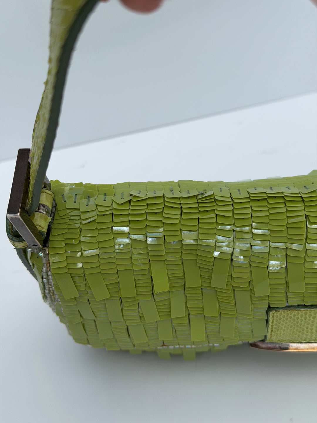 Fendi Lime Green Sequin Baguette Python Trim Silver Hardware 2000