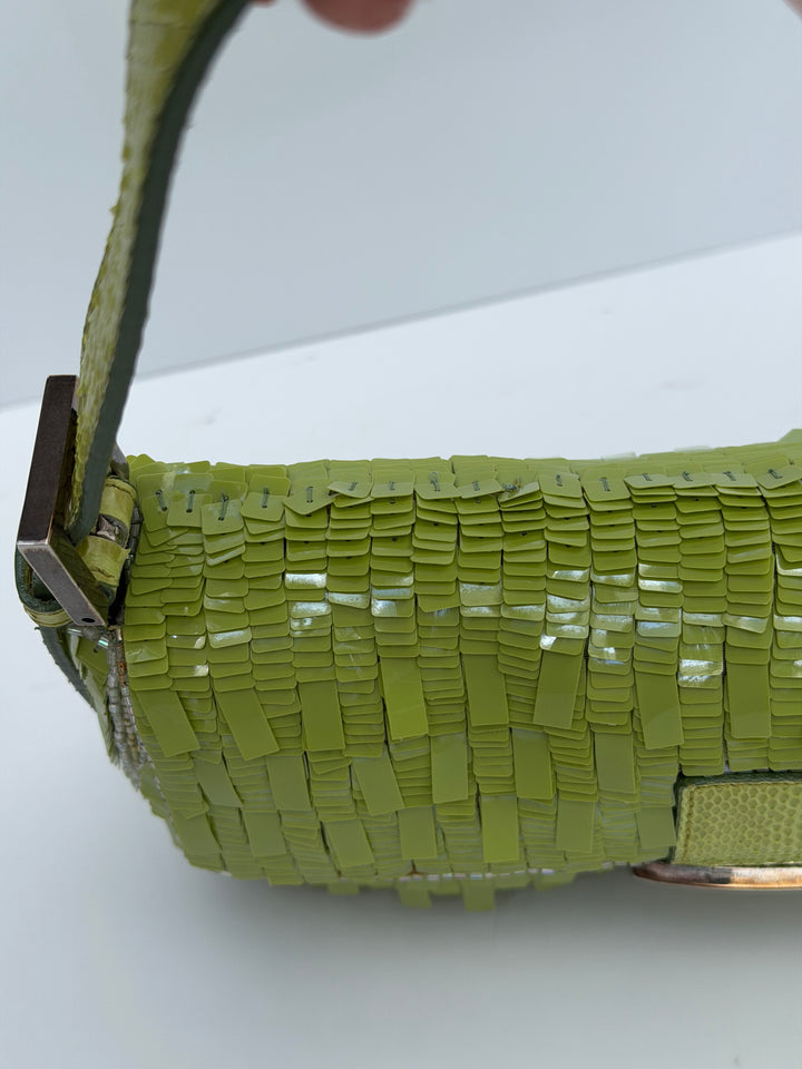Fendi Lime Green Sequin Baguette Python Trim Silver Hardware 2000