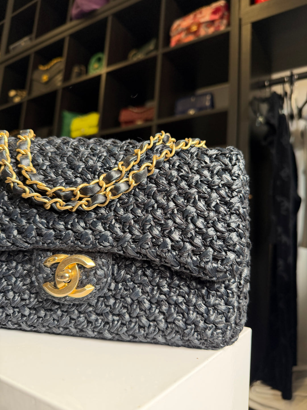 Chanel 18C Black Ancient Greece Raffia Crochet Flap Bag