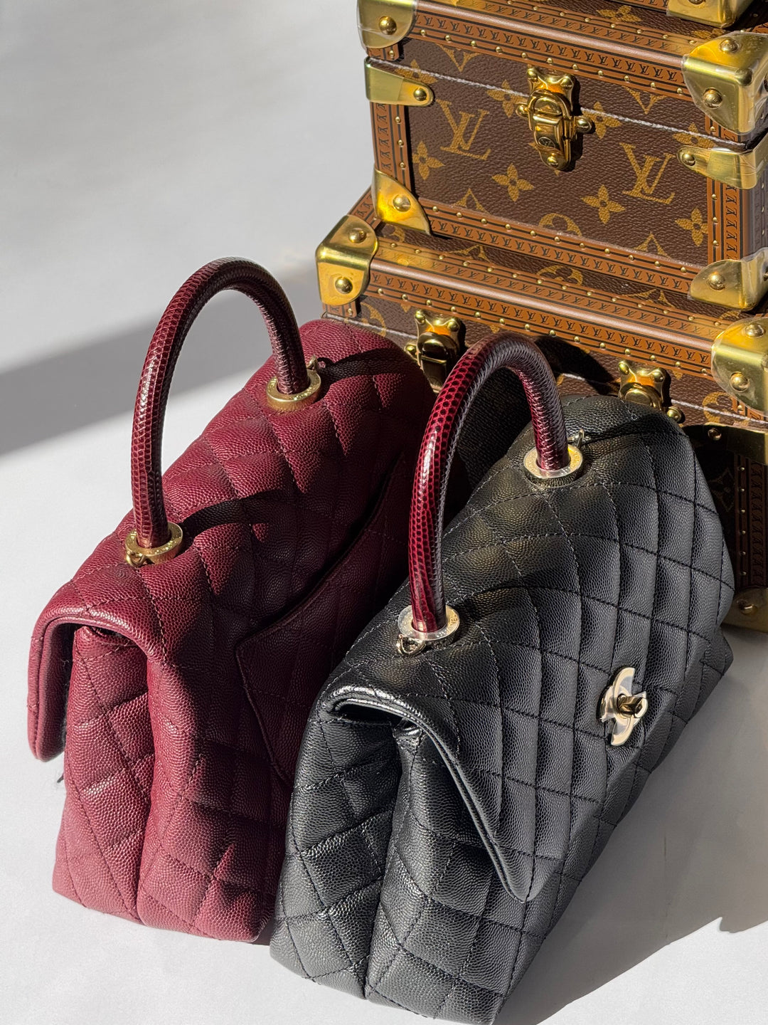 Chanel Small Black Caviar Coco + Burgundy Lizard Top Handle