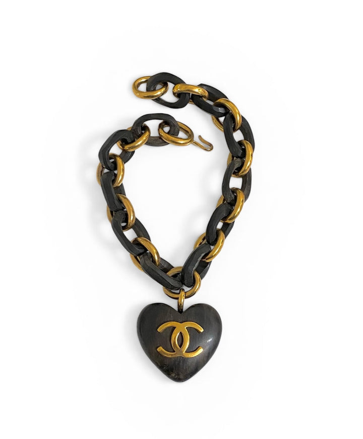 Chanel Vintage Wood Heart CC Pendant Necklace 1993