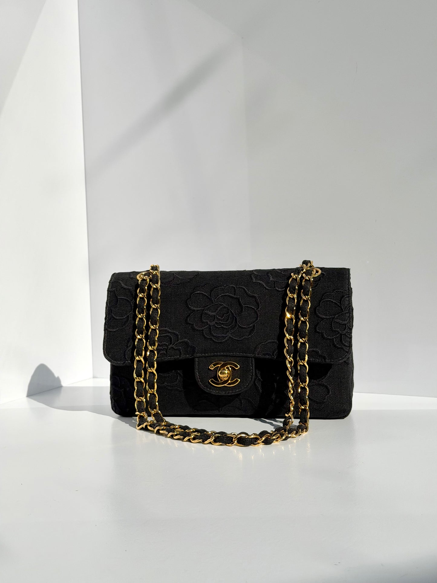 Chanel 1997 Small 24K Black Camellia Classic Flap Bag