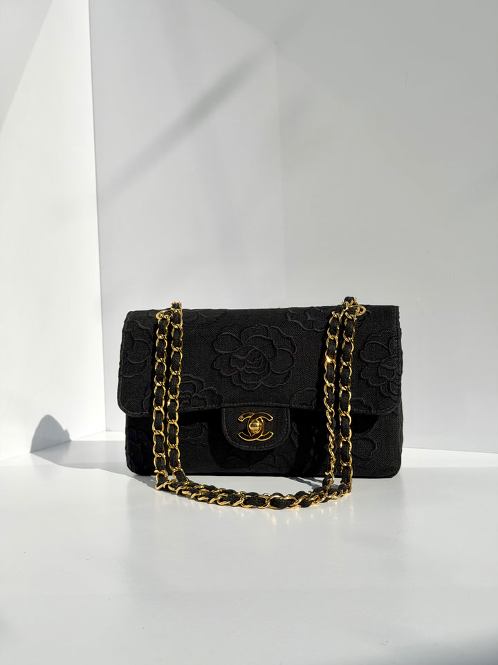 Chanel 1997 Small 24K Black Camellia Classic Flap Bag