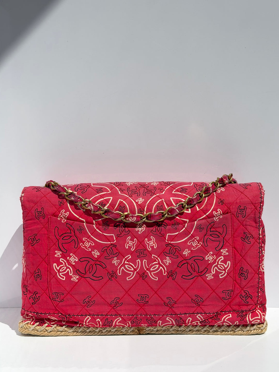 Chanel Vintage Red Bandana Paisley Print Straw Maxi Jumbo Flap Bag 1994