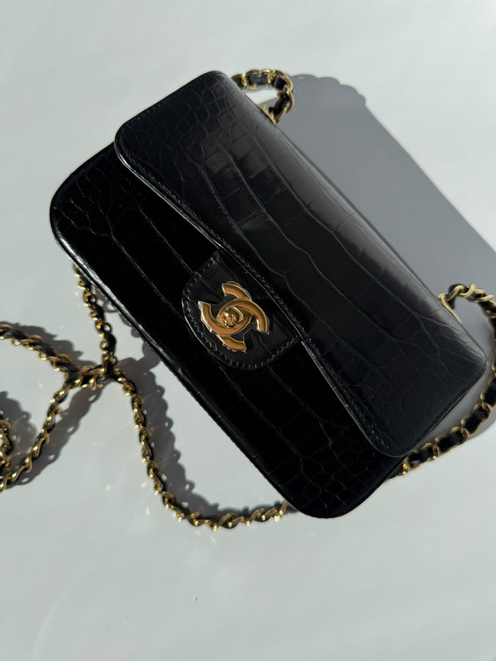 Chanel Mini Classic Flap Alligator Black Gold Hardware 2018