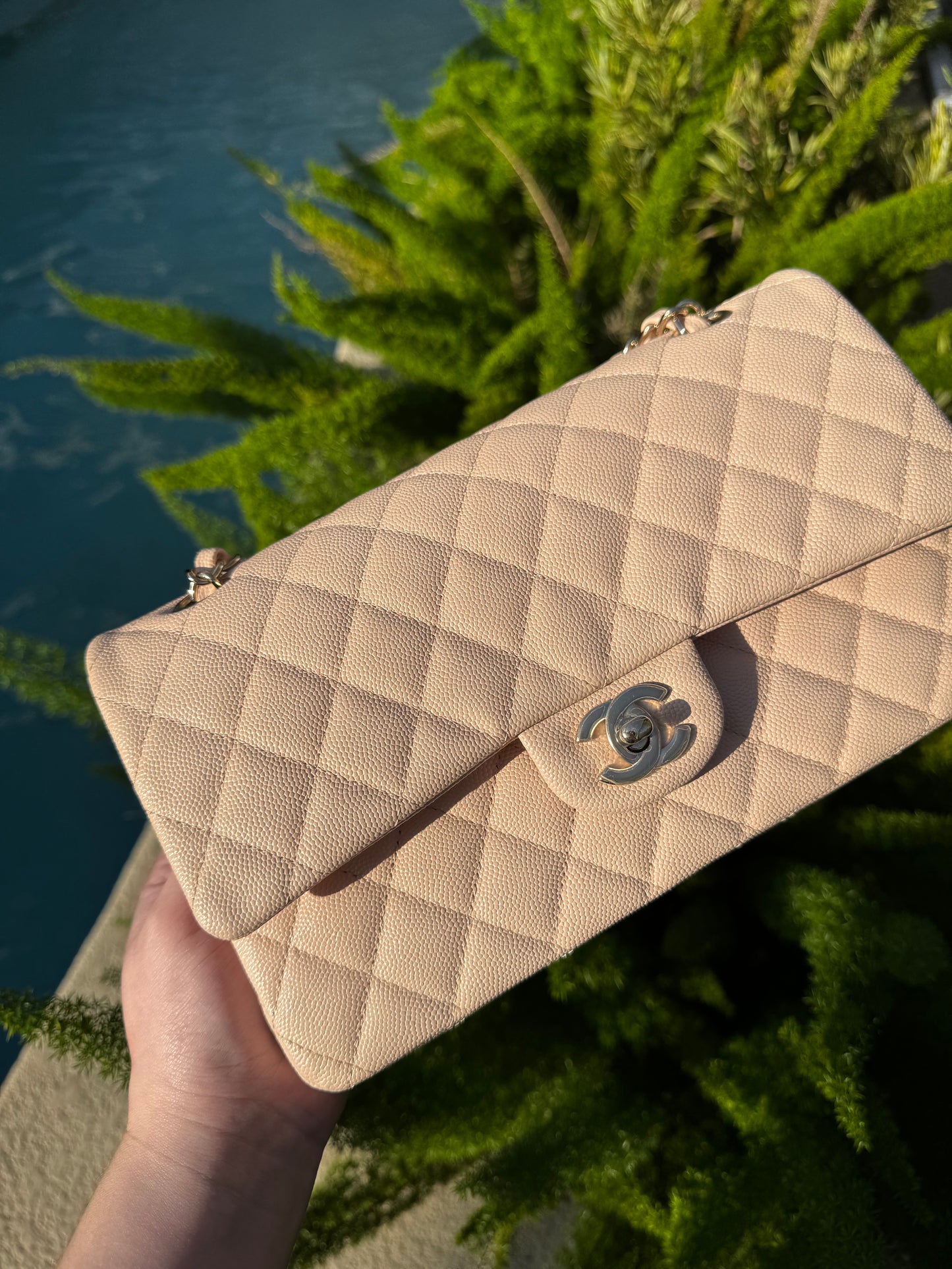 Chanel 22C Light Beige Medium Caviar Double Flap Bag