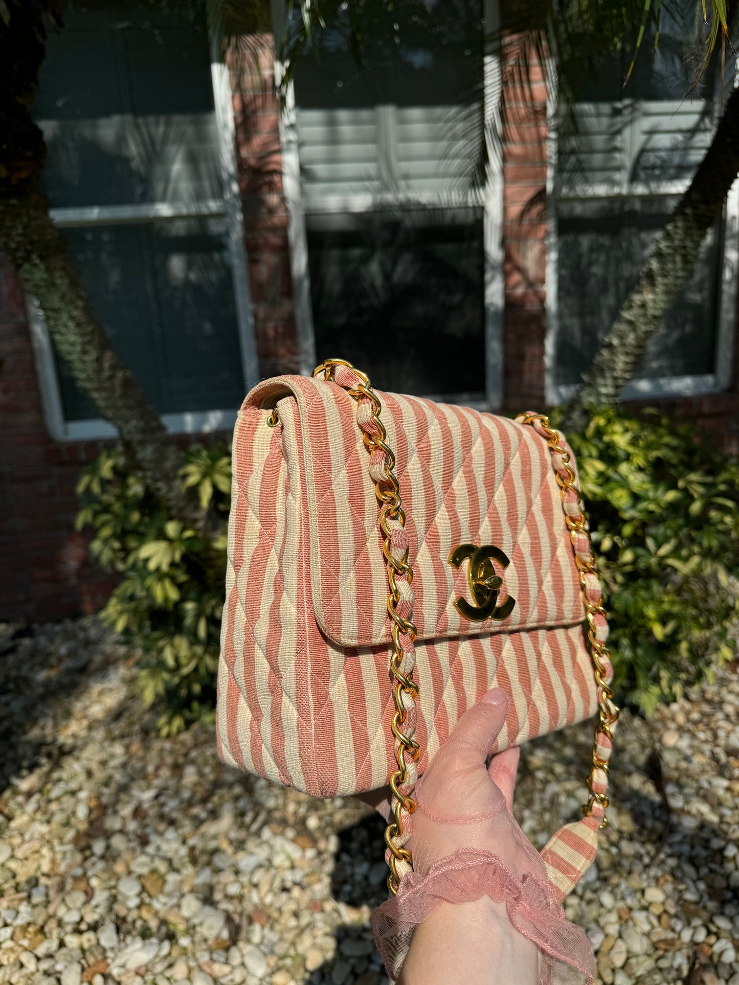 Chanel 24K Vintage Pink Striped Large Flap