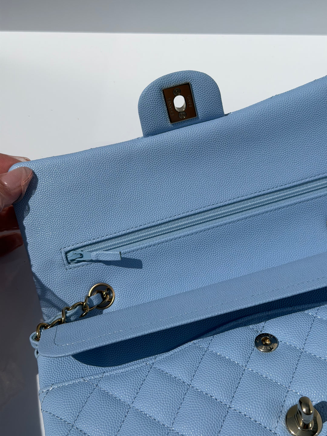 Chanel Medium Classic Double Flap Caviar Light Blue Light Gold Hardware 2023