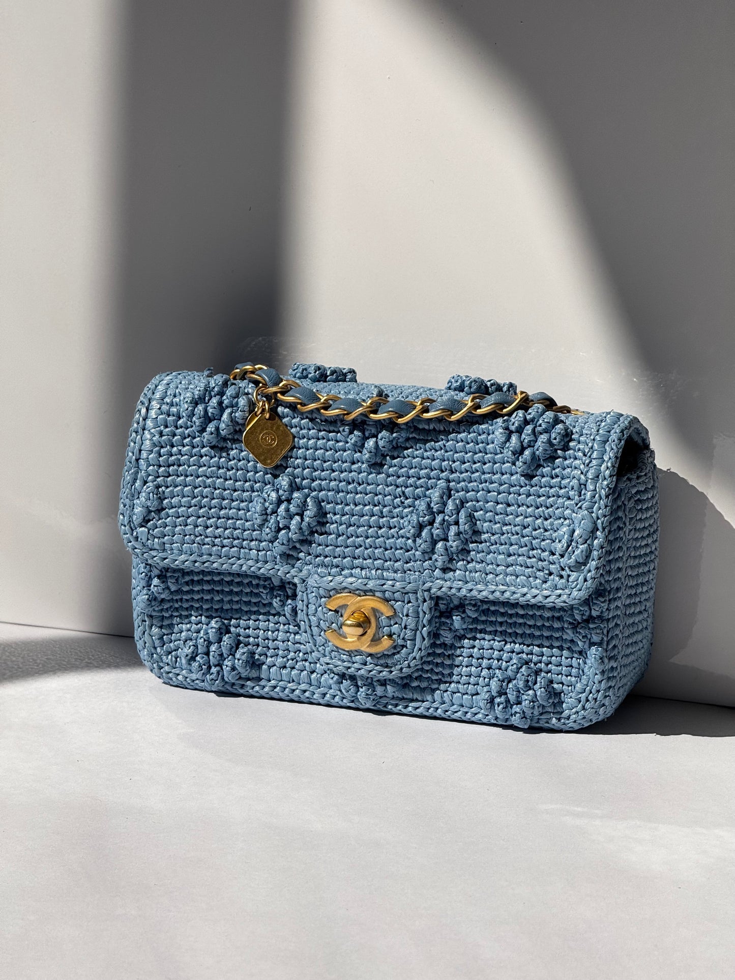 Chanel 24P Blue Braided Raffia Mini Flap Bag