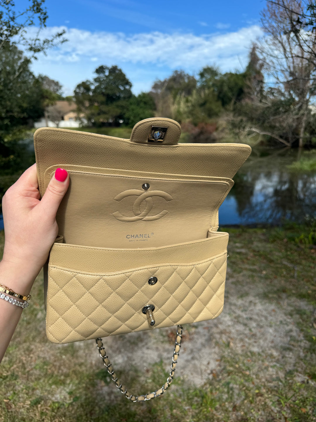 Chanel 2003 Beige Medium Caviar Classic Flap