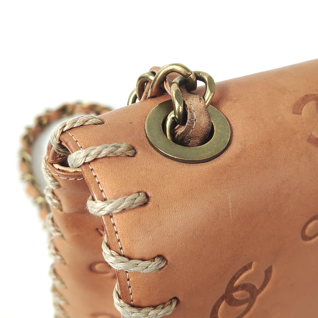 Chanel Maxi Classic Flap Bag Tan Debossed Logo Calfskin Whipstitched Gold Hardware 1994