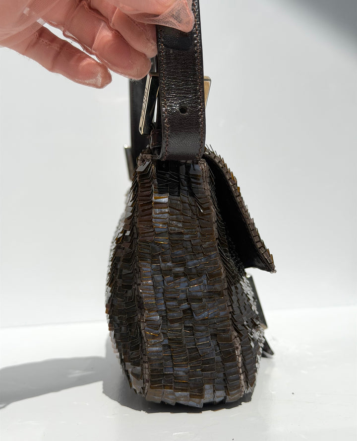 Fendi Brown Sequin Zucca FF Baguette Silver Hardware