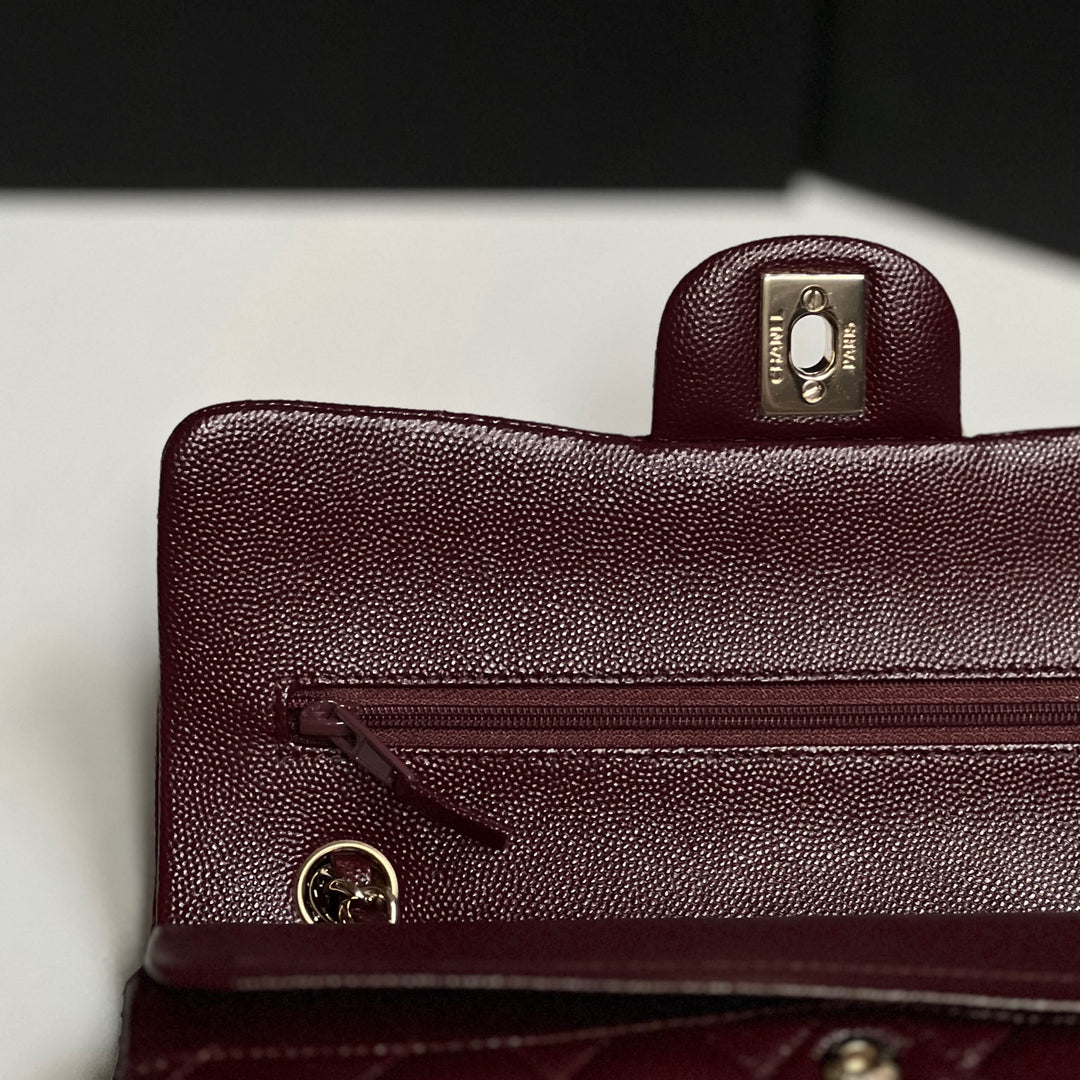 Chanel Small Classic Double Flap Caviar Burgundy Light Gold Hardware 2021