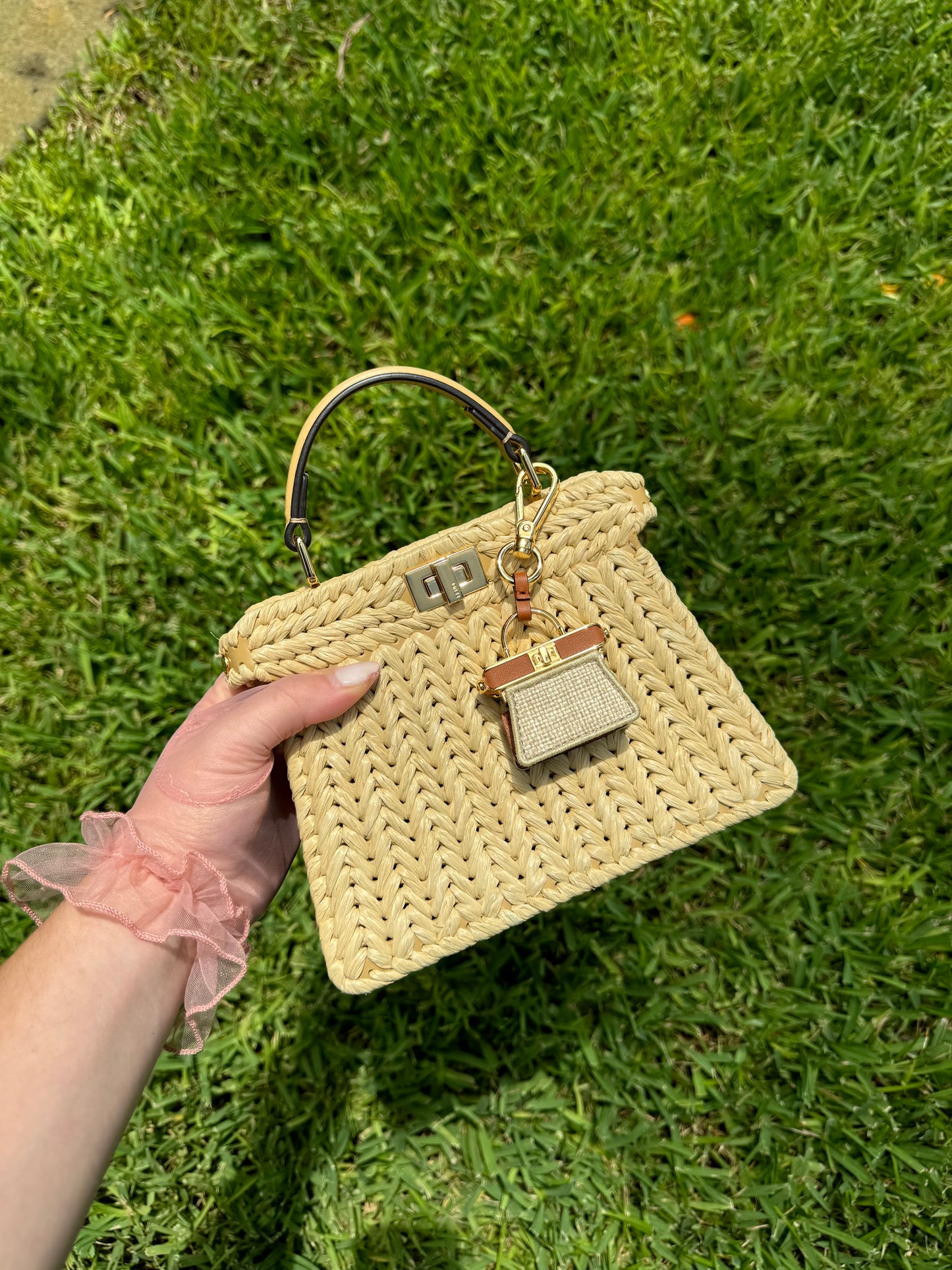 Fendi Peekaboo ISeeU Petite Sand Raffia Bag + Fendi Charm