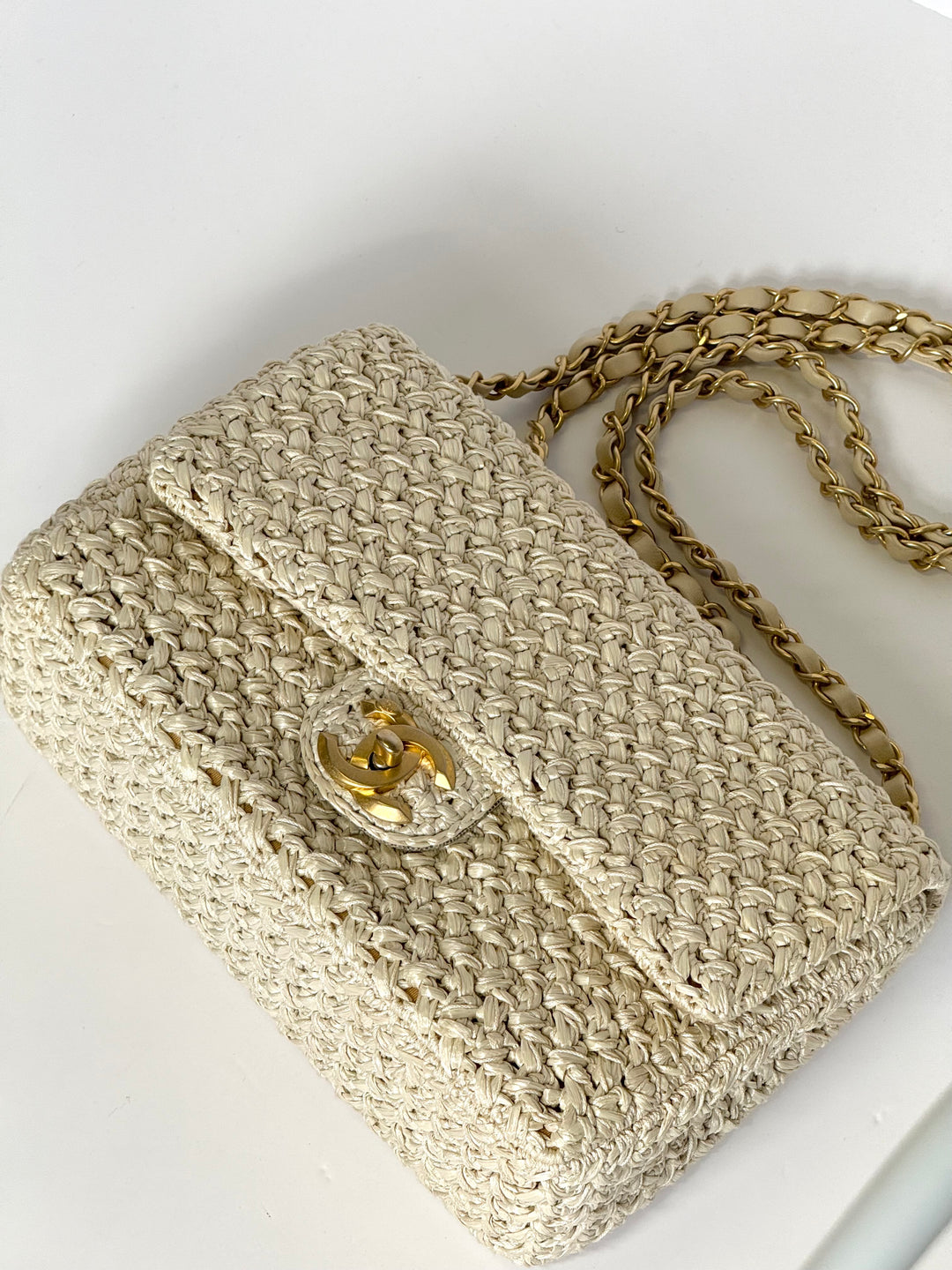 Chanel Raffia Crochet Flap Tan Matte Gold Hardware 18C