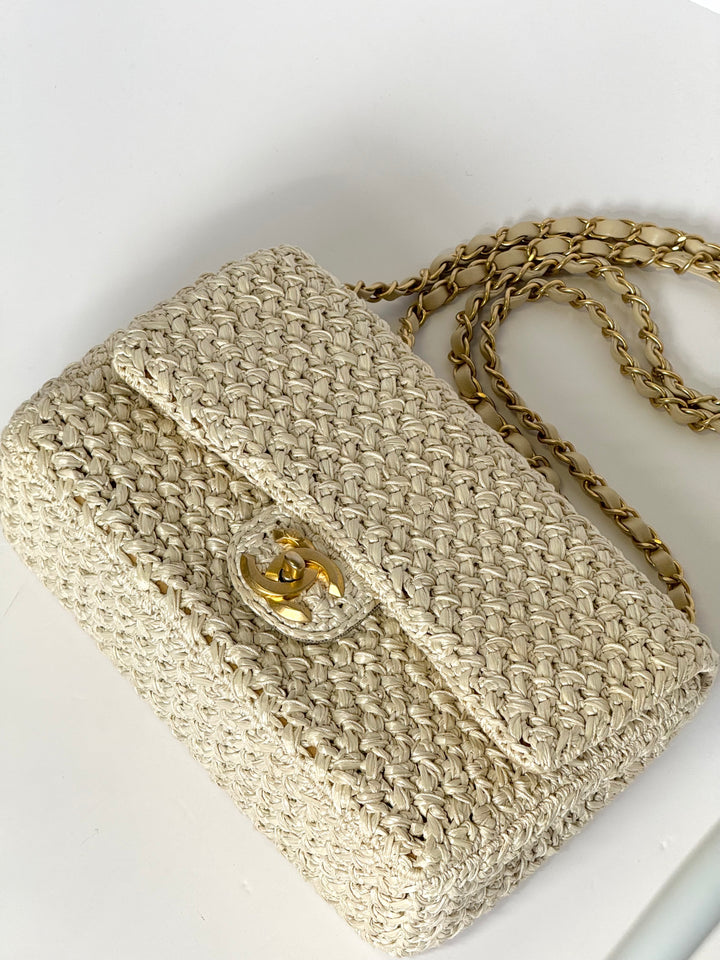 Chanel Raffia Crochet Flap Tan Matte Gold Hardware 18C