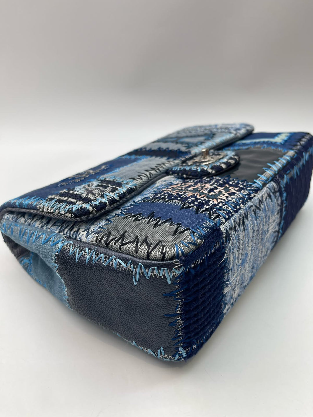 Chanel Jumbo Single Flap Patchwork Denim Blue Tweed Textile Leather Silver Hardware 2015