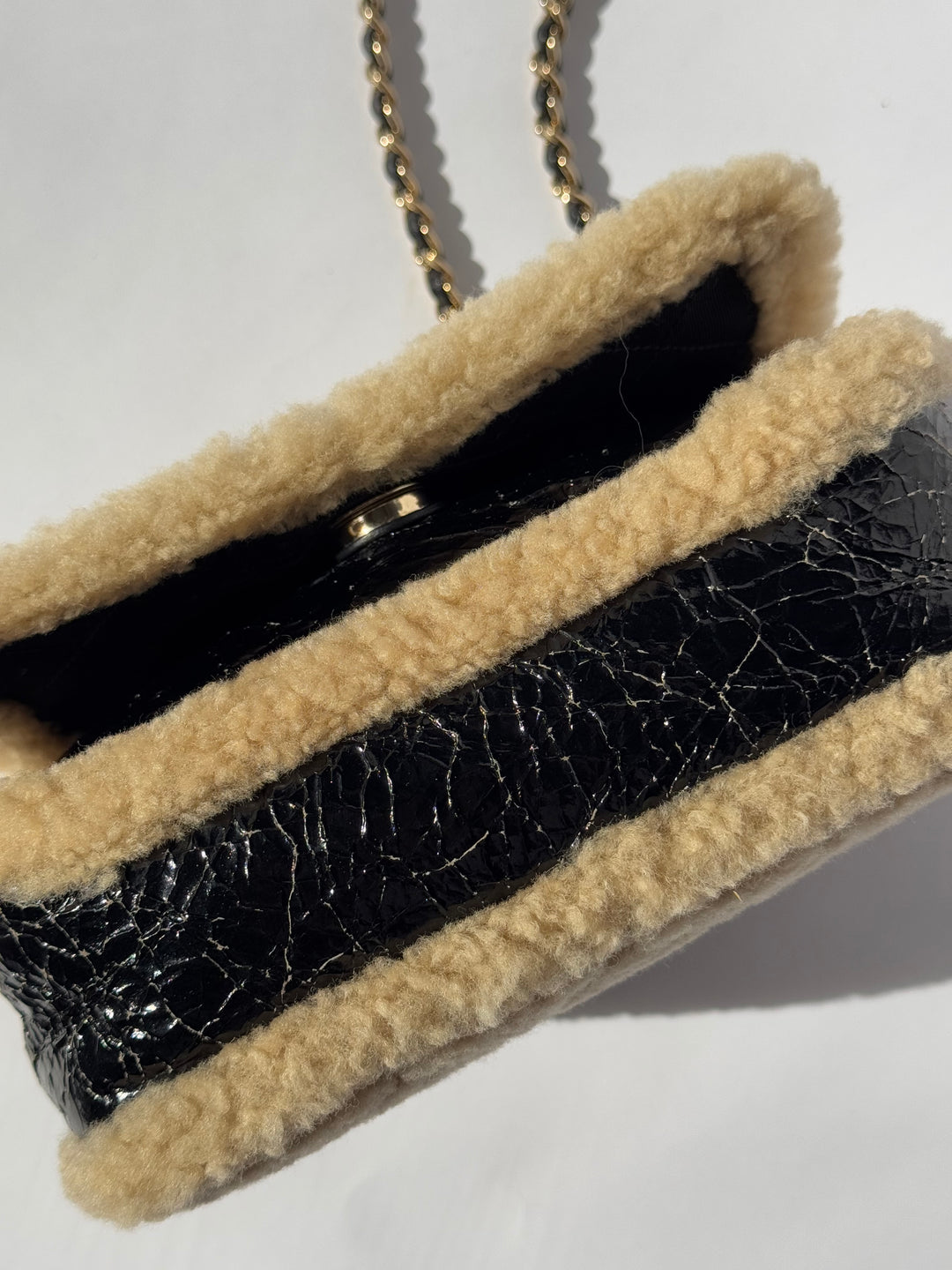 Chanel Black Shiny Crumpled Sheepskin and Shearling Mania Flap