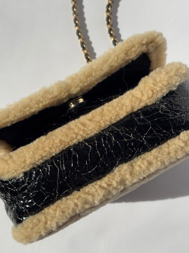 Chanel Black Shiny Crumpled Sheepskin and Shearling Mania Flap