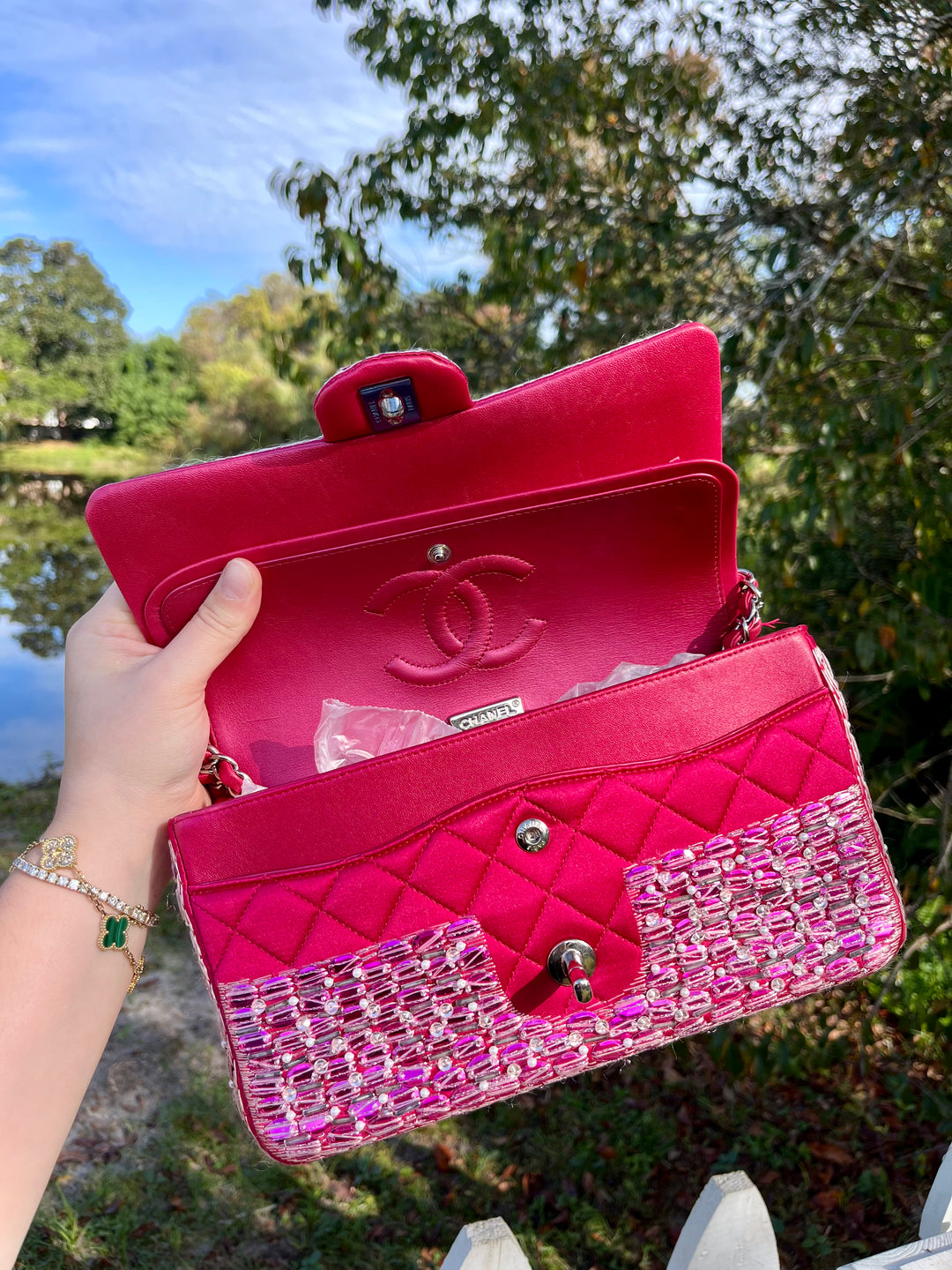 Chanel Pink Beaded Satin Medium Double Flap Bag