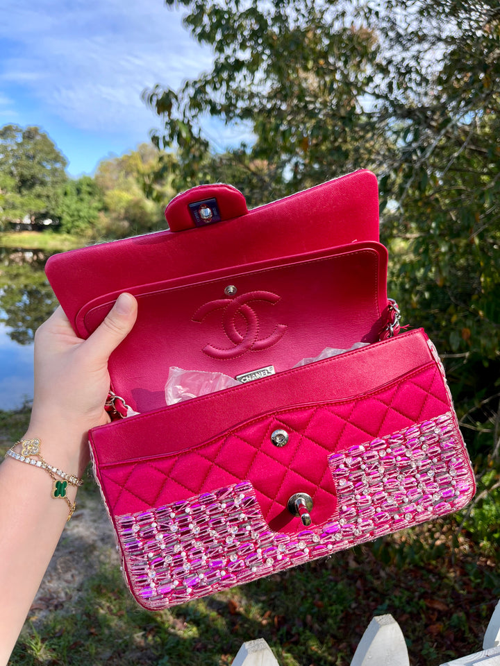Chanel Pink Beaded Satin Medium Double Flap Bag