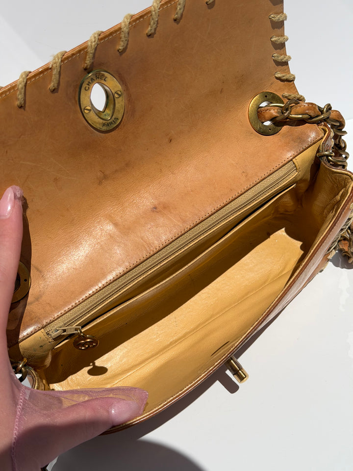 Chanel Half Flap Bag Tan Debossed Logo Calfskin Whipstitched Gold Hardware 1994