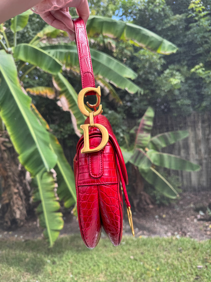 Christian Dior Medium Red Alligator Saddle